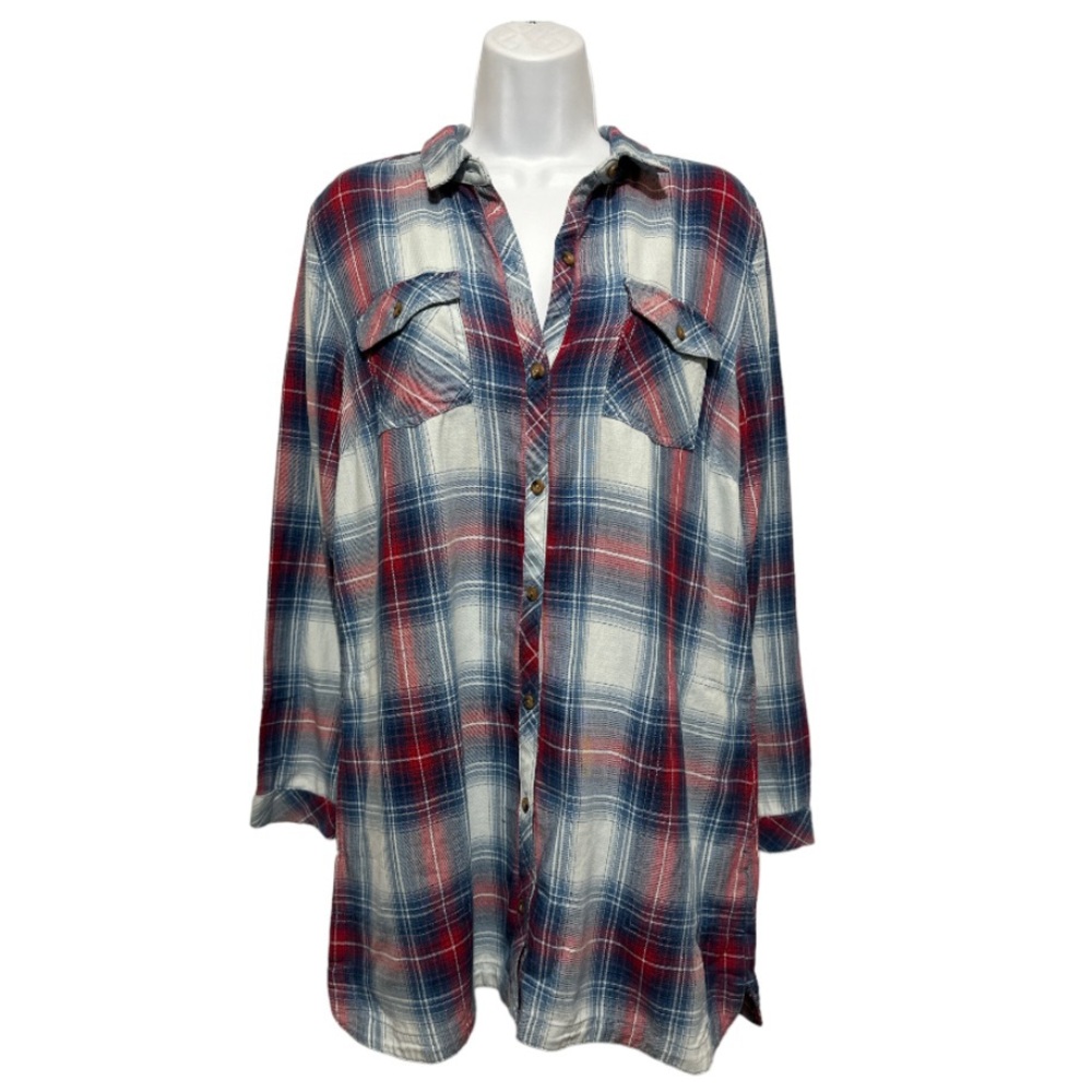 J Jill Women's 100% Cotton Plaid Button Down Shirt with Side Pockets Siz…